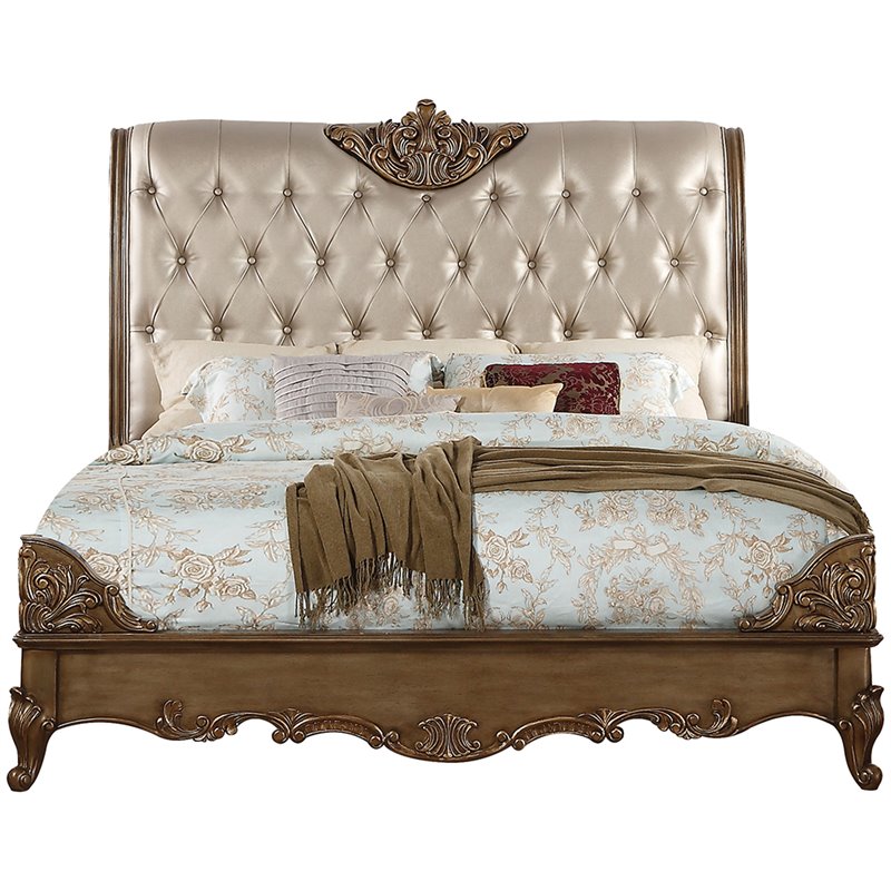 ACME Orianne Faux Leather Tufted Queen Sleigh Bed in Gold ...