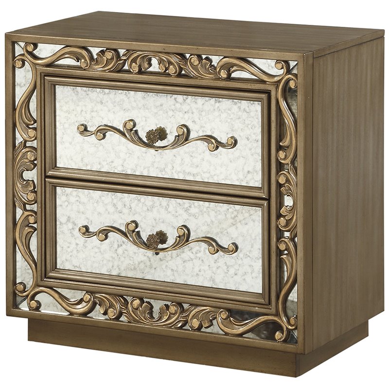 Acme Orianne 2 Drawer Mirrored Nightstand In Antique Gold 23793