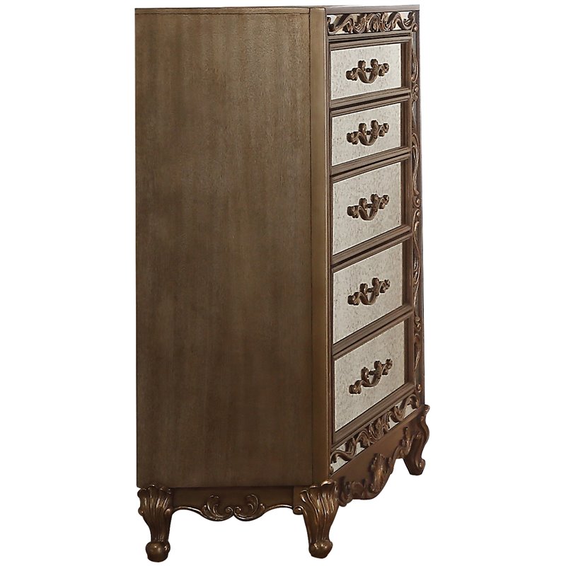 Acme Orianne 5 Drawer Mirrored Chest In Antique Gold 23796 Acme Orianne 5 Drawer Mirrored Chest In Antique Gold