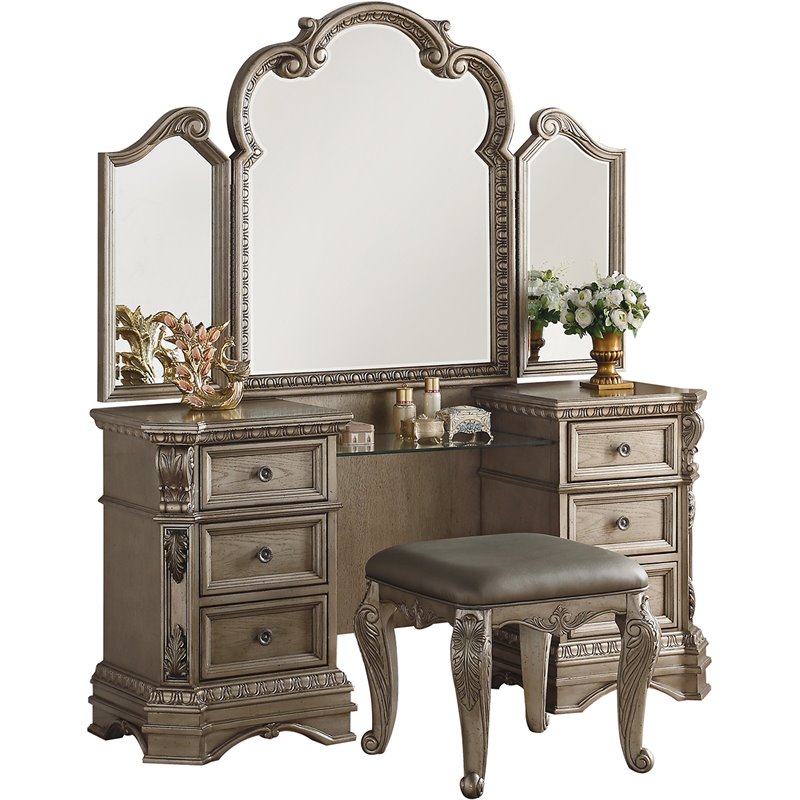 Acme Northville Vanity Table With Mirror In Antique Silver 26940