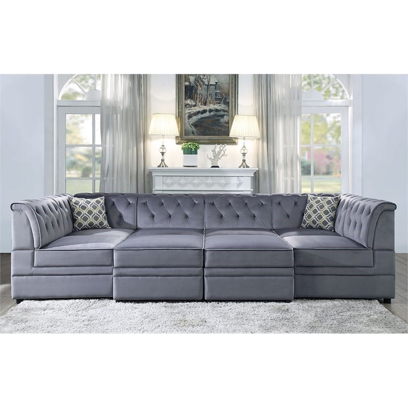 acme bois ii velvet storage ottoman in gray