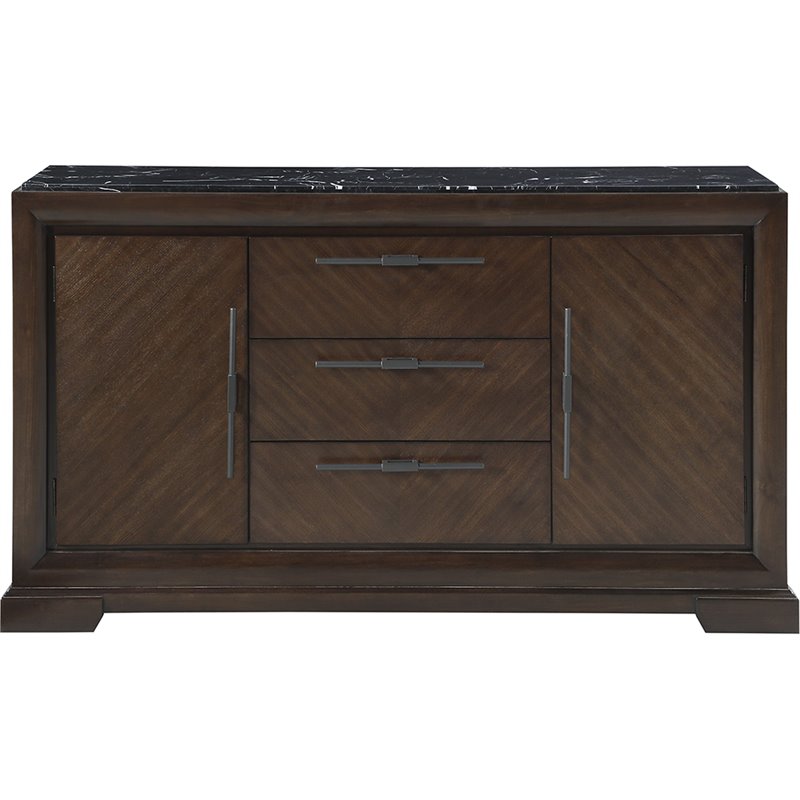 ACME Selma 3-Drawer Marble Top Wooden Server with 2 Doors in Black and Tobacco