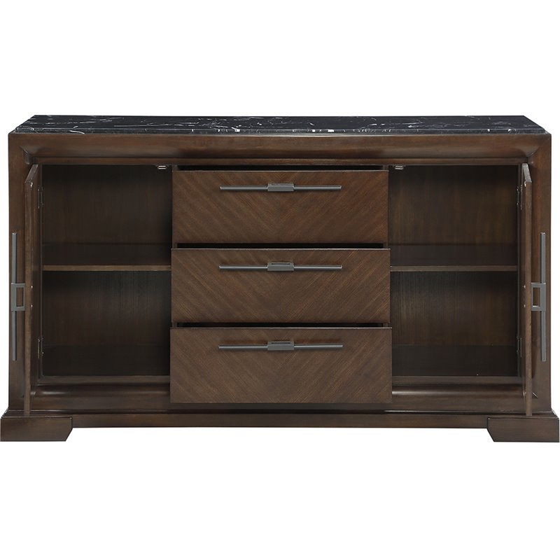 ACME Selma 3-Drawer Marble Top Wooden Server with 2 Doors in Black and Tobacco