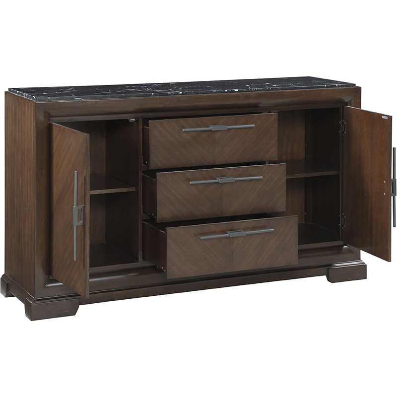 ACME Selma 3-Drawer Marble Top Wooden Server with 2 Doors in Black and Tobacco
