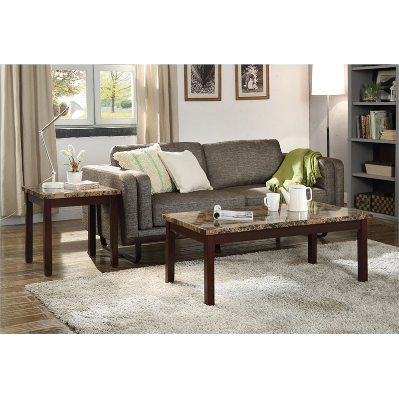 Acme Finely Ii 3 Piece Faux Marble Top Coffee Table Set In Light Brown 80035