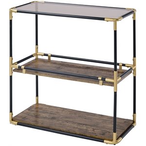 acme heleris glass top console table with wooden shelf in black and gold