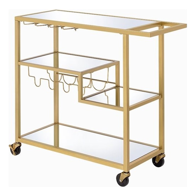 ACME Adamsen Rectangular Glass Top Serving Cart with 3 Tiers in Gold