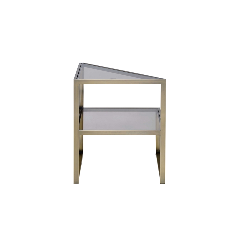 ACME Furniture Treva Triangular Glass & Metal End Table in Smoky/Antique Brass