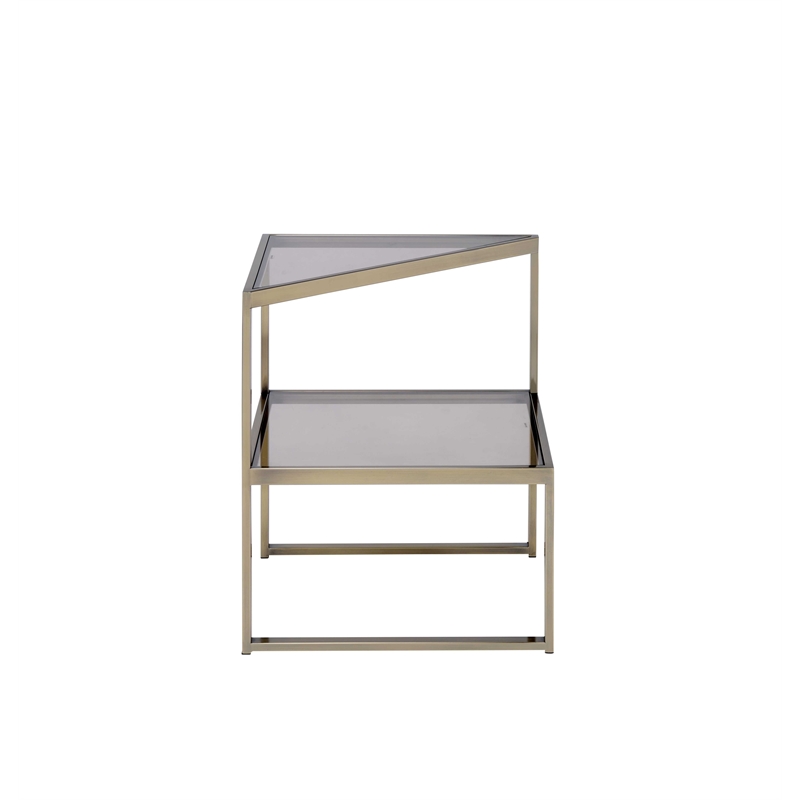 ACME Furniture Treva Triangular Glass & Metal End Table in Smoky/Antique Brass