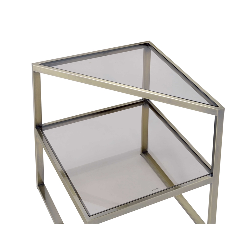 ACME Furniture Treva Triangular Glass & Metal End Table in Smoky/Antique Brass