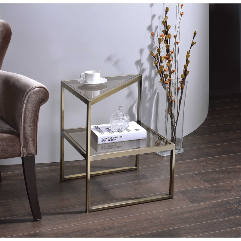 ACME Furniture Treva Triangular Glass & Metal End Table in Smoky/Antique Brass