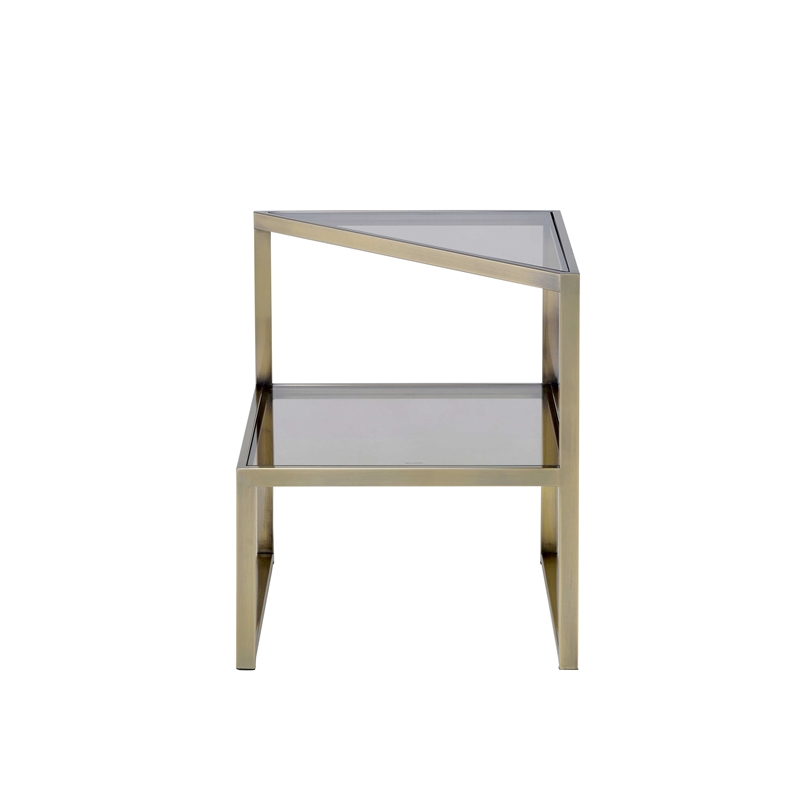 ACME Furniture Treva Triangular Glass & Metal End Table in Smoky/Antique Brass