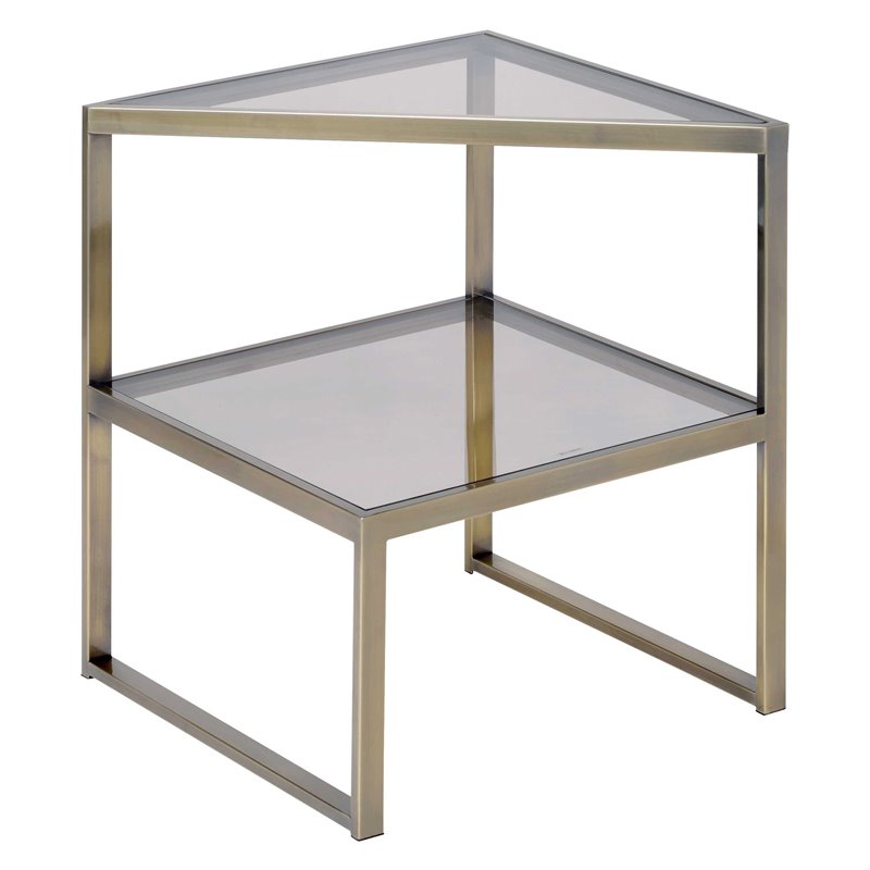 ACME Furniture Treva Triangular Glass & Metal End Table in Smoky/Antique Brass