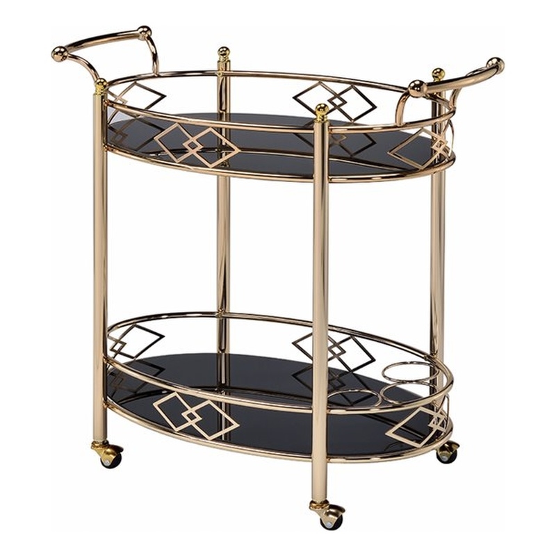ACME Ottesen Oval Glass Top Serving Cart with 2 Shelves in Gold