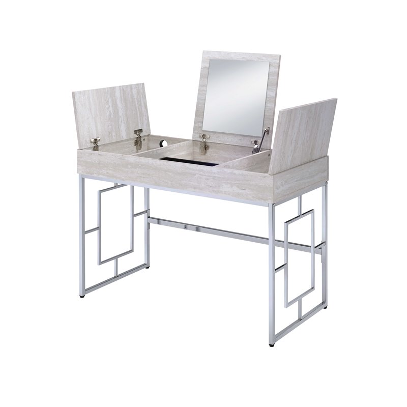 ACME Saffron Rectangular Wooden Top Vanity Desk in Chrome and White