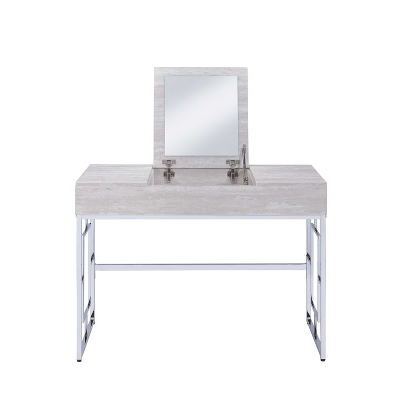 ACME Saffron Rectangular Wooden Top Vanity Desk in Chrome and White