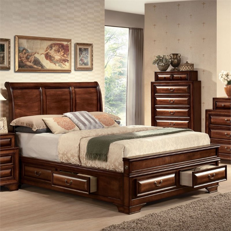 ACME Konane Eastern King Bed with Storage in Brown Cherry (1Set/6Ctn