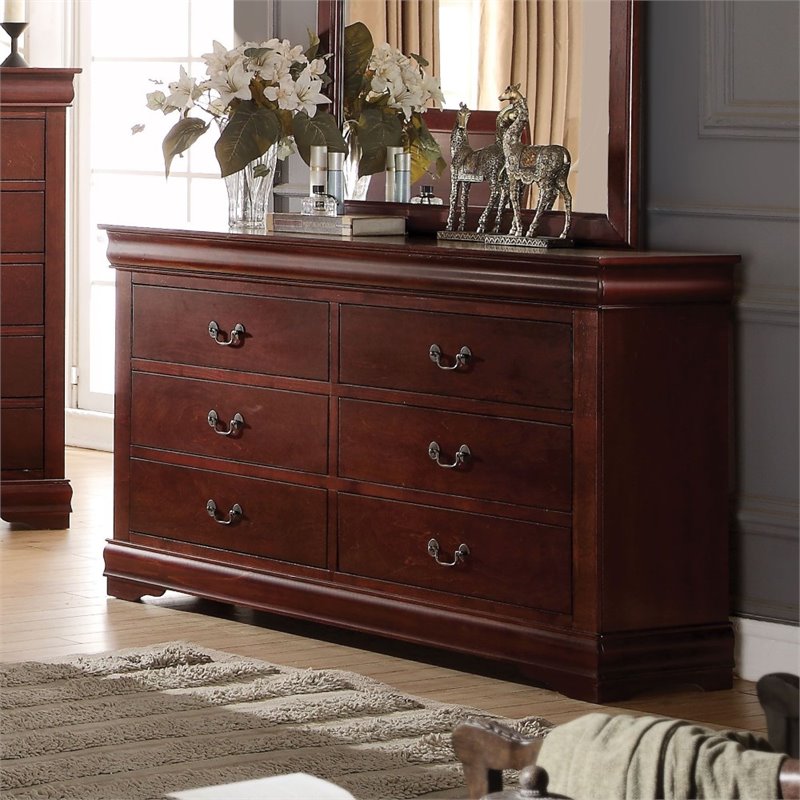 Acme Louis Philippe Rectangular Wood 6-Drawer Dresser in Cherry