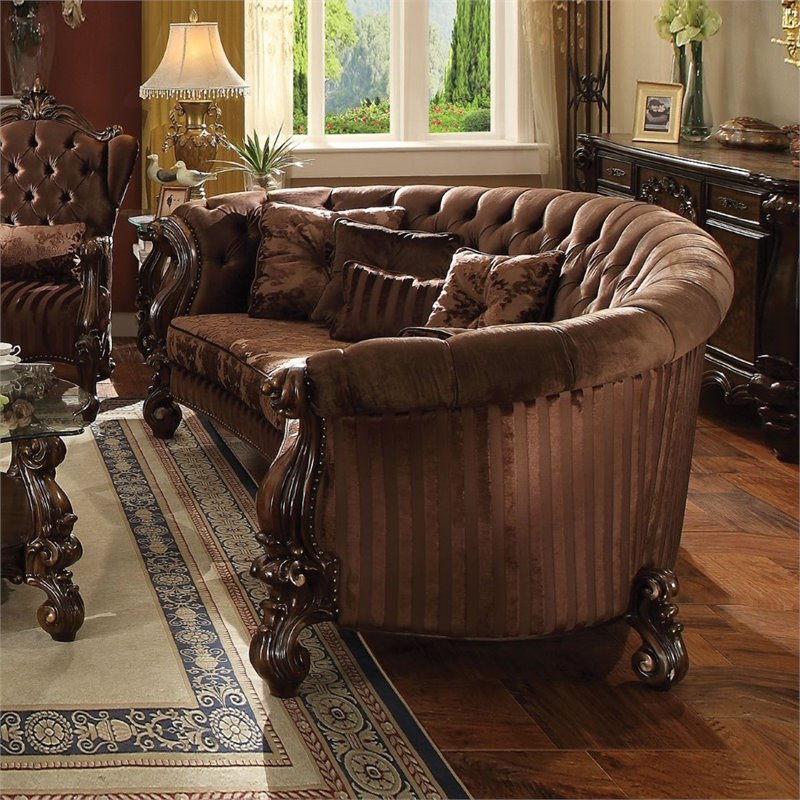 ACME Versailles Sofa with 5 Pillows in Brown Velvet and Cherry Oak