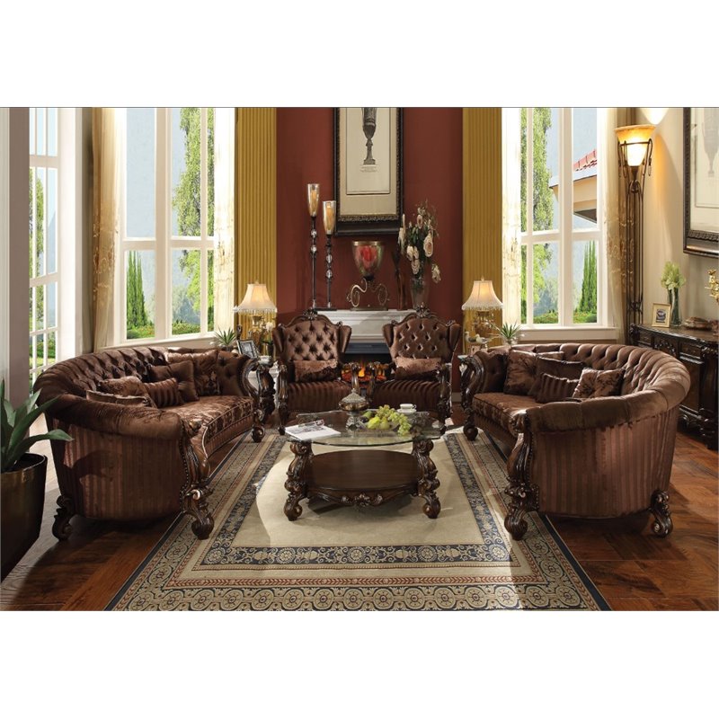 ACME Versailles Sofa with 5 Pillows in Brown Velvet and Cherry Oak