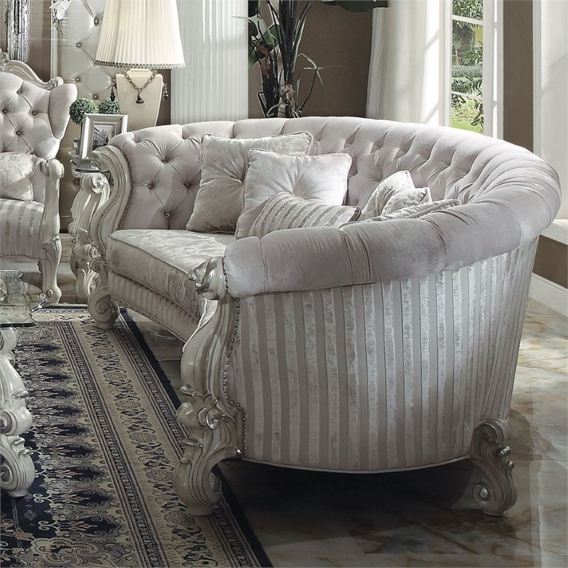 ACME Versailles Sofa with 5 Pillows in Ivory Velvet and Bone White