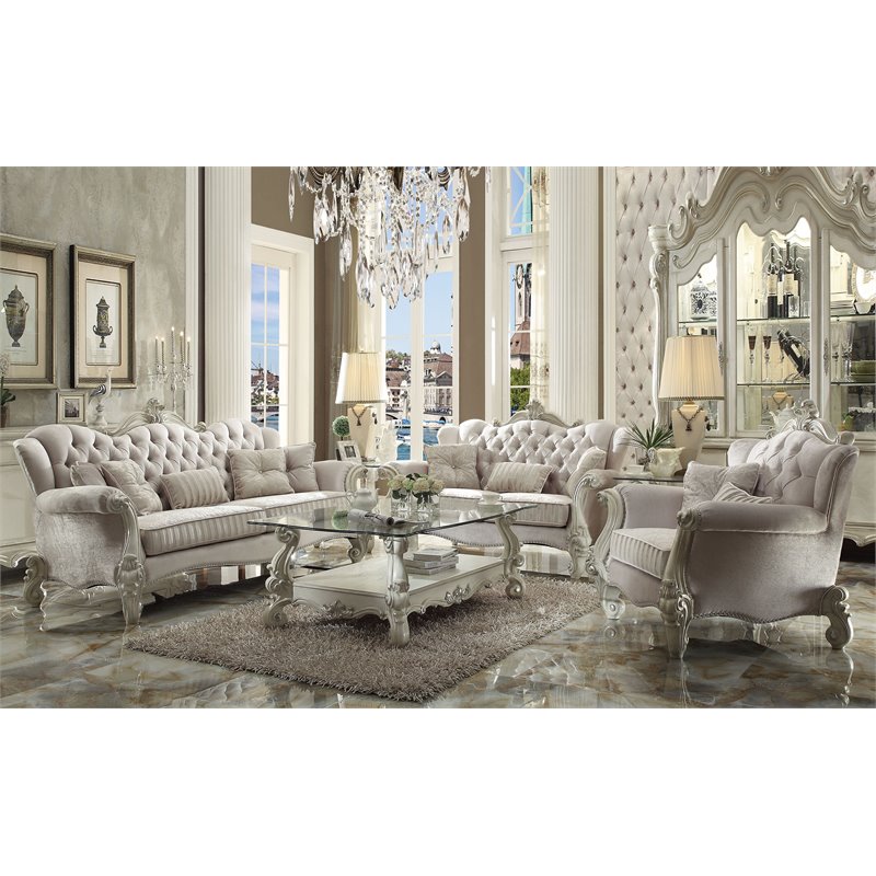 ACME Versailles Sofa with 5 Pillows in Ivory Velvet and Bone White