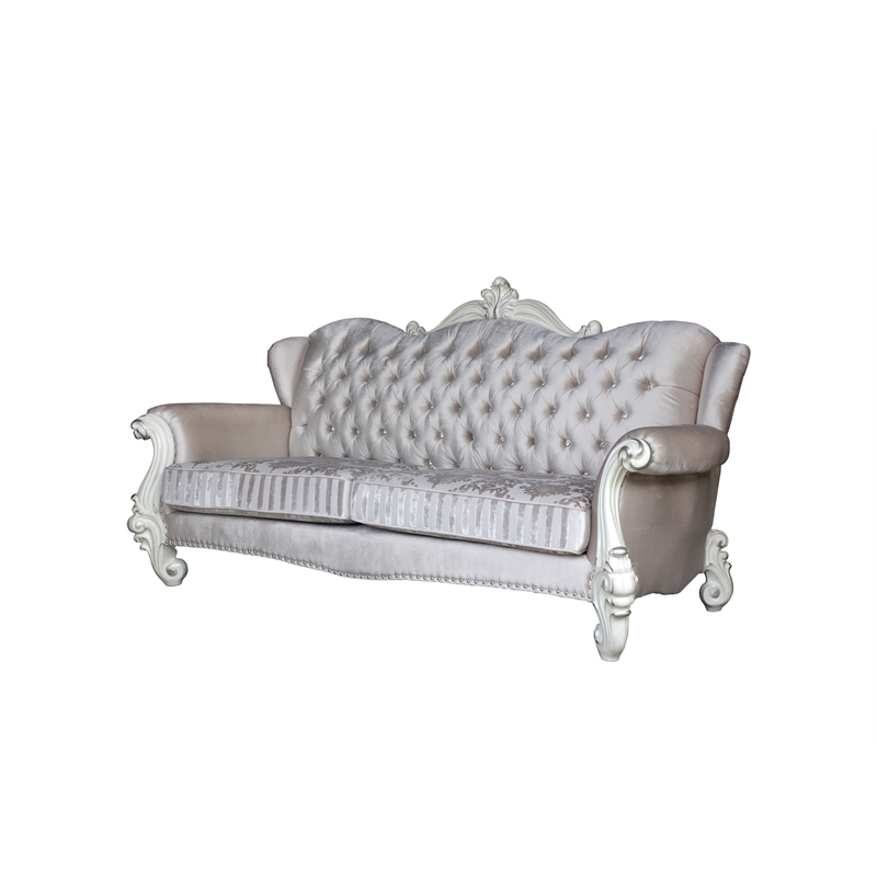 ACME Versailles Sofa with 5 Pillows in Ivory Velvet and Bone White