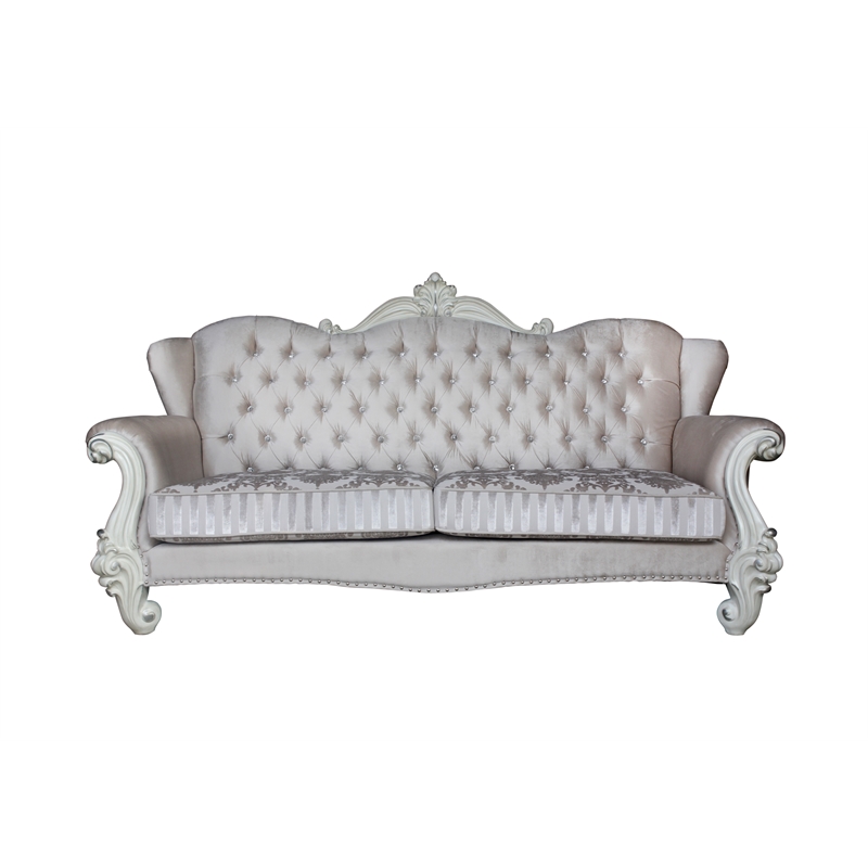 ACME Versailles Sofa with 5 Pillows in Ivory Velvet and Bone White