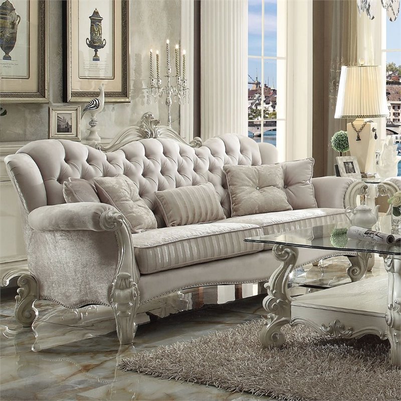 ACME Versailles Sofa with 5 Pillows in Ivory Velvet and Bone White