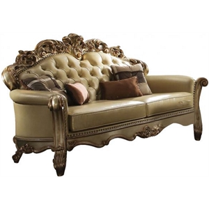ACME Vendome Faux Leather Tufted Sofa in Bone and Gold Patina