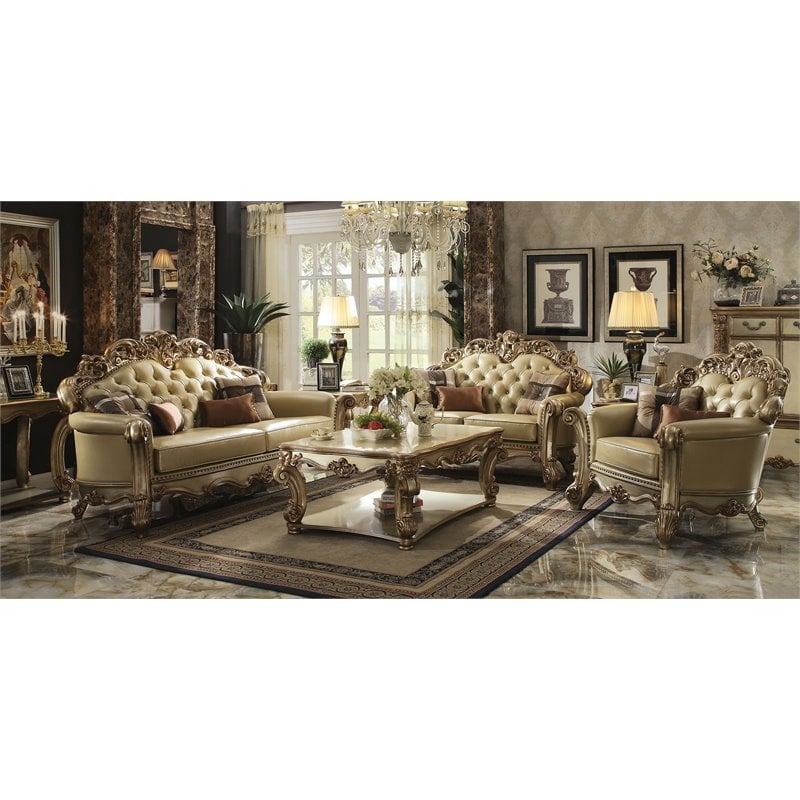 ACME Vendome Faux Leather Tufted Sofa in Bone and Gold Patina