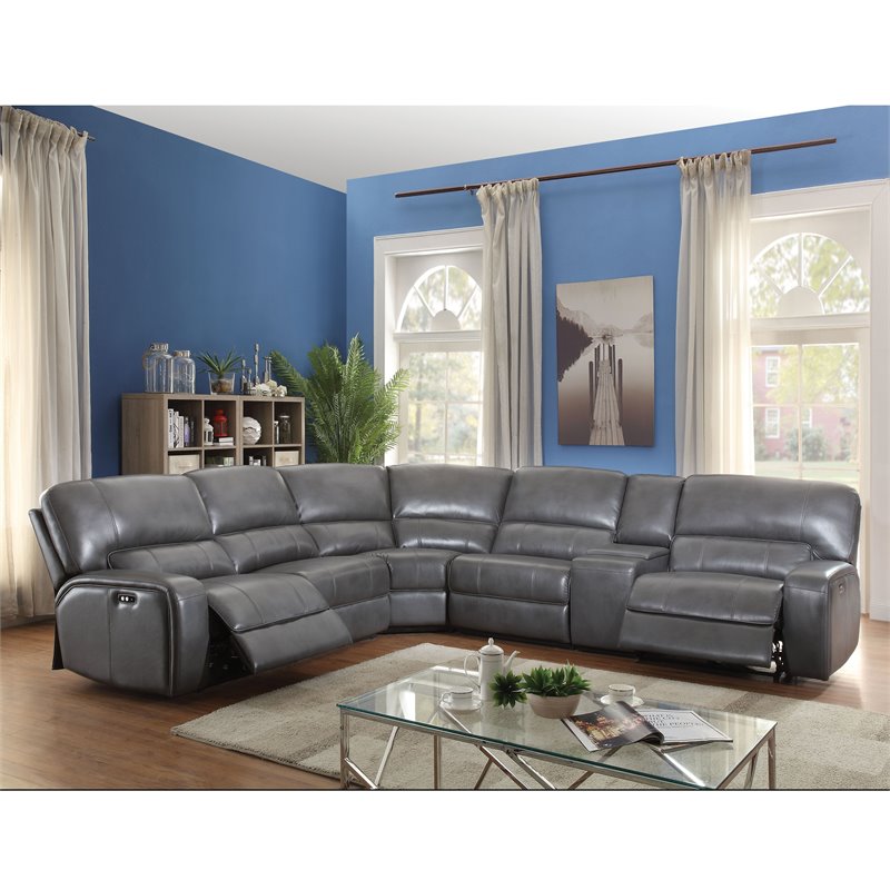 ACME Saul Faux Leather Sectional Sofa with 2 Reclining Seats in Gray