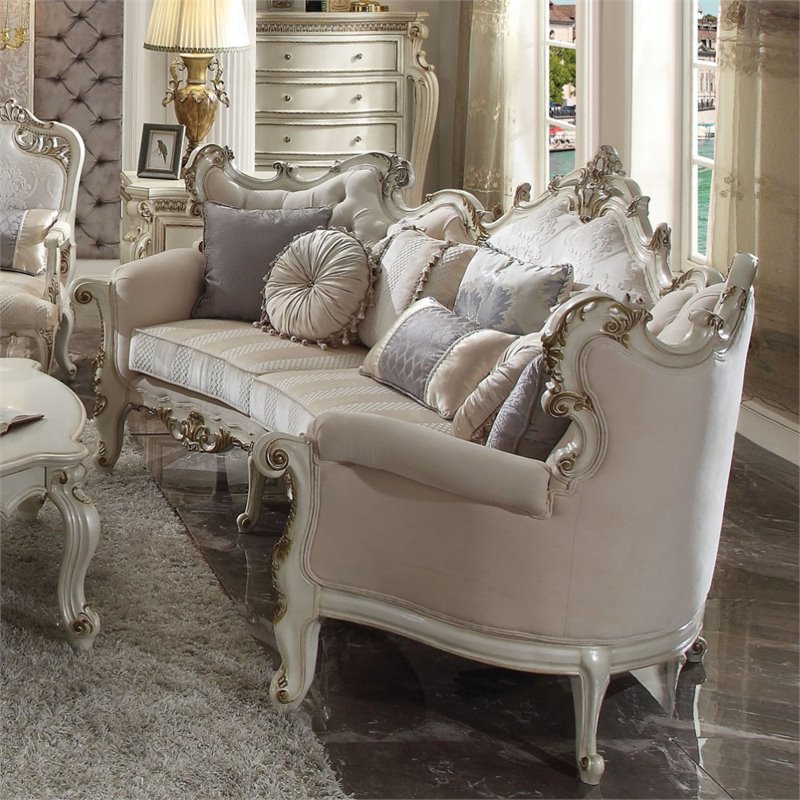 ACME Picardy Fabric Upholstered Sofa with 8 Pillows in Antique Pearl