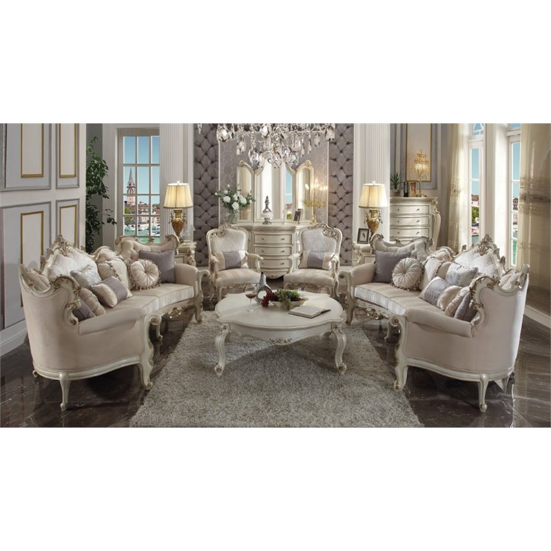 ACME Picardy Fabric Upholstered Sofa with 8 Pillows in Antique Pearl