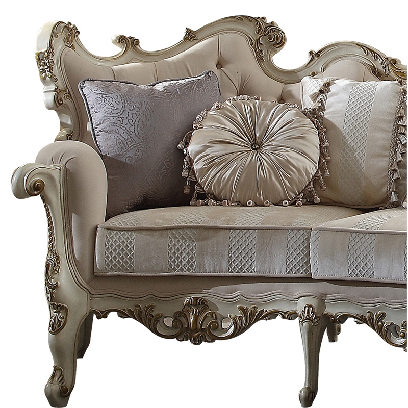 ACME Picardy Fabric Upholstered Sofa with 8 Pillows in Antique Pearl
