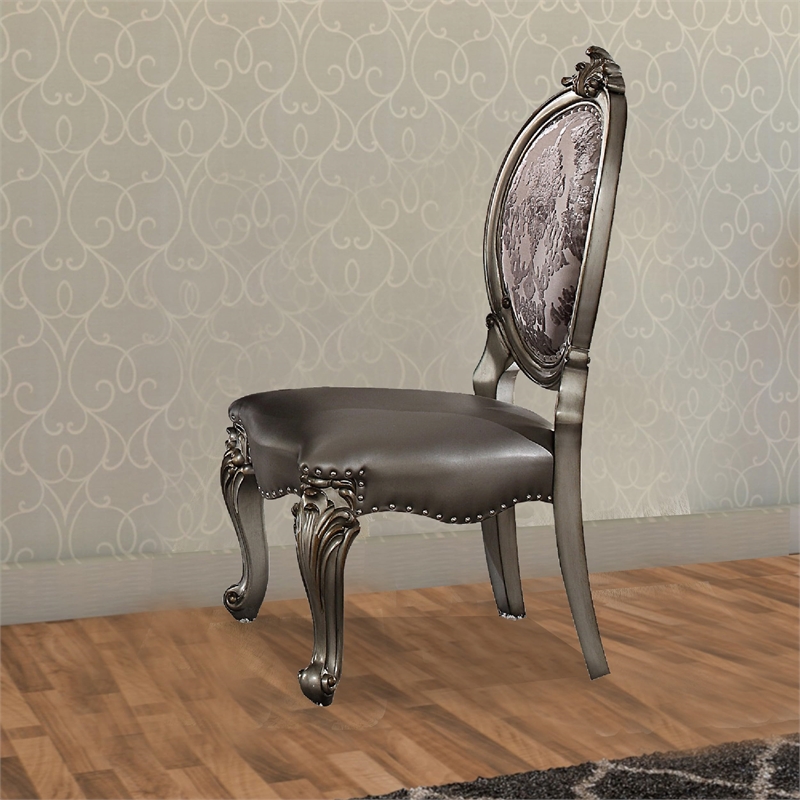 ACME Versailles Dining Side Chair in Silver PU and Antique Platinum (Set of 2)