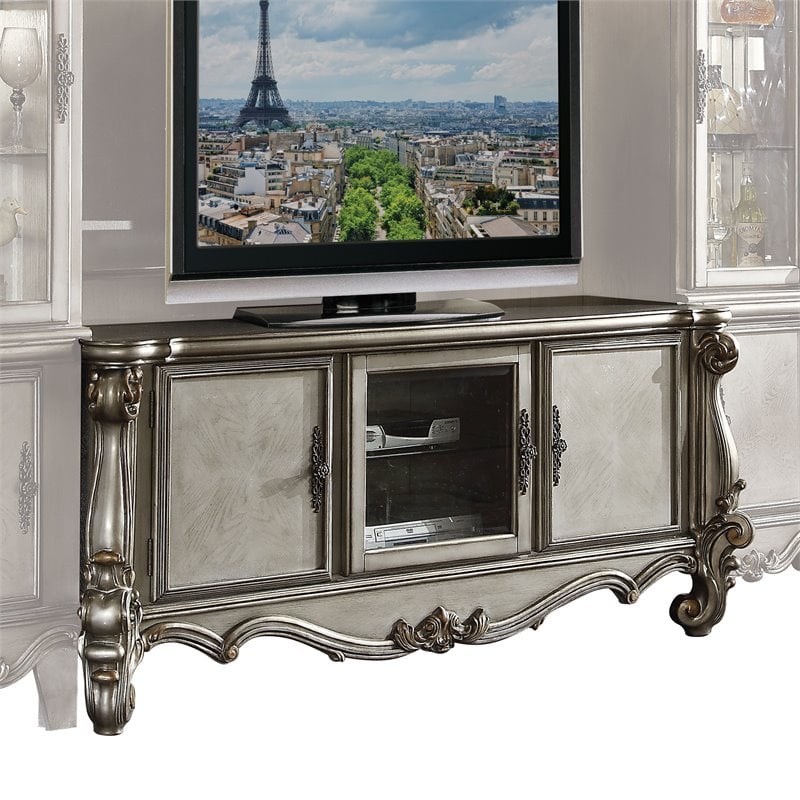 ACME Versailles 3-Door Wooden TV Console in Antique Platinum and Gray