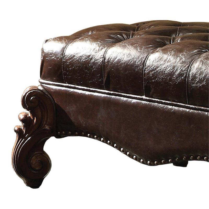 ACME Versailles Faux Leather Upholstered Ottoman in Dark Brown and Cherry Oak