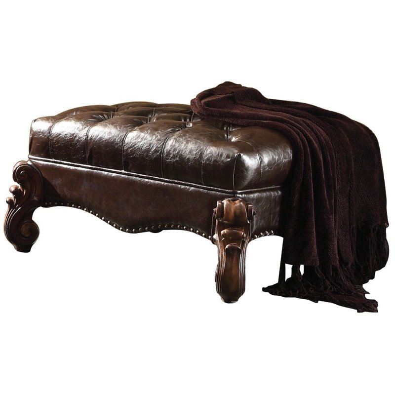 ACME Versailles Faux Leather Upholstered Ottoman in Dark Brown and Cherry Oak