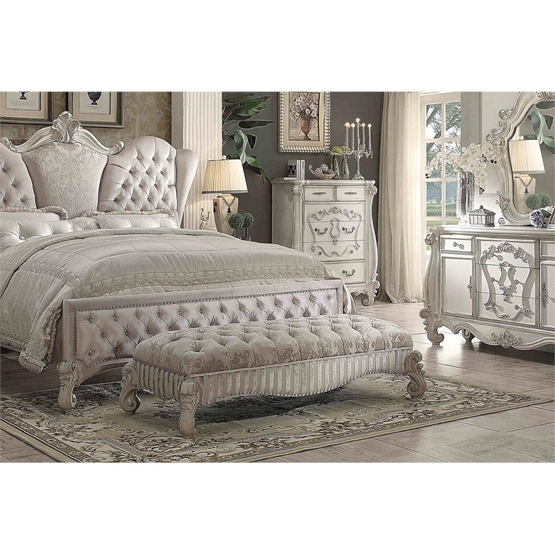 ACME Versailles Fabric Tufted Upholstered Bench in Ivory and Bone White