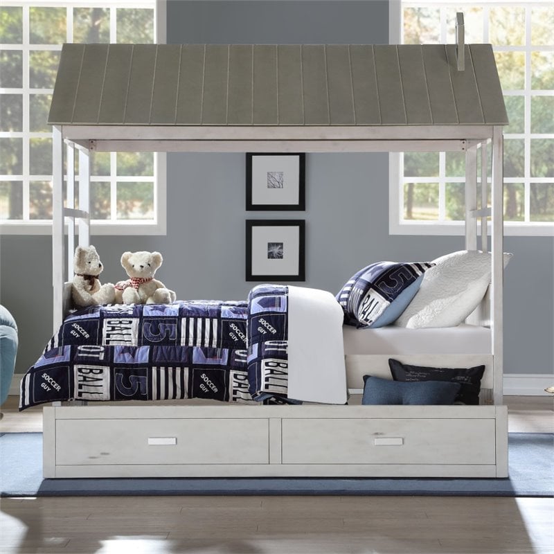 ACME Tree House II Wooden Frame Twin Bed in Weathered White and Washed Gray