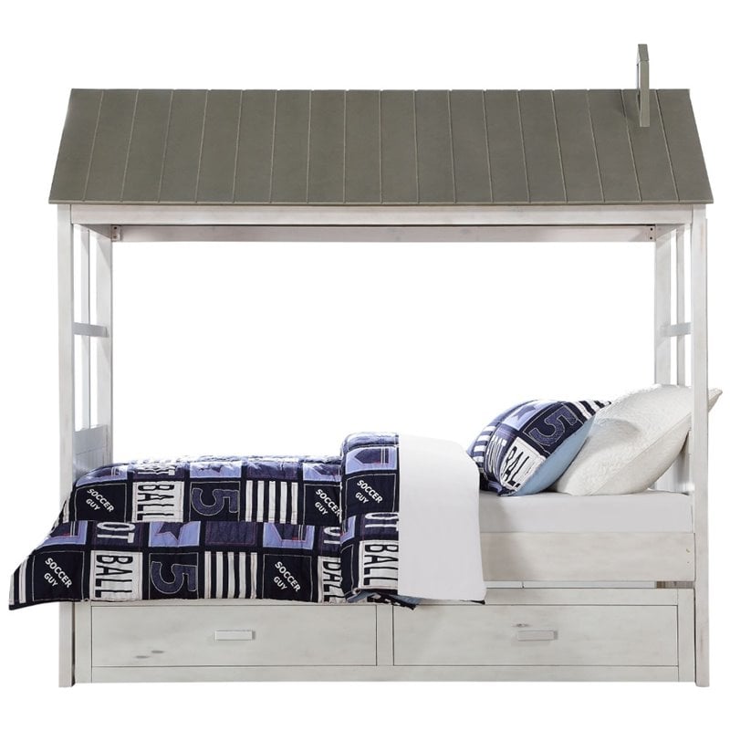 ACME Tree House II Wooden Frame Twin Bed in Weathered White and Washed Gray