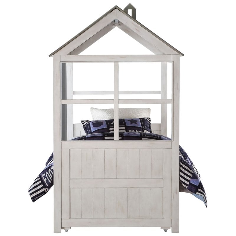 ACME Tree House II Wooden Frame Twin Bed in Weathered White and Washed Gray