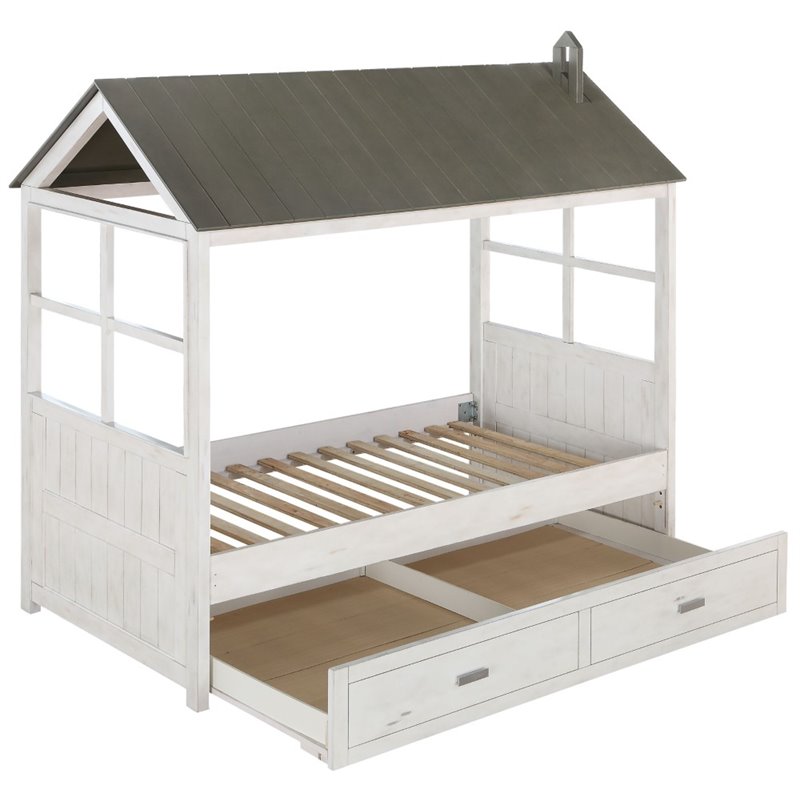 ACME Tree House II Wooden Frame Twin Bed in Weathered White and Washed Gray