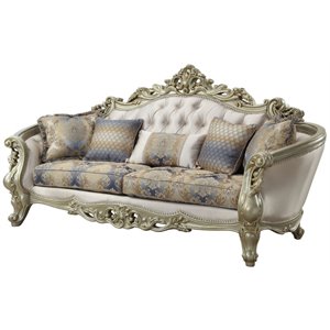 acme gorsedd sofa with 5 pillows in cream fabric and antique white