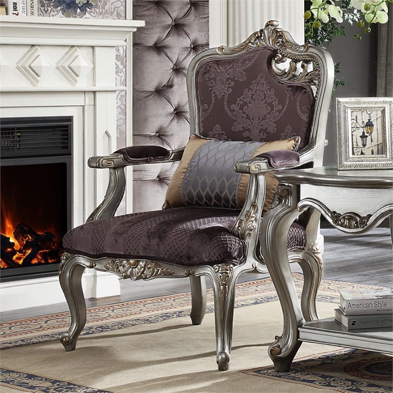 ACME Picardy Chair with 1 Pillow in Velvet and Antique Platinum