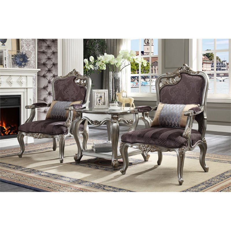 ACME Picardy Chair with 1 Pillow in Velvet and Antique Platinum