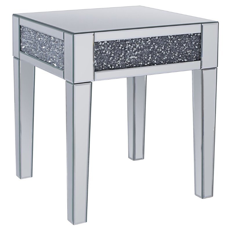 ACME Noralie Square Mirror Top End Table in Mirrored and Faux Diamonds