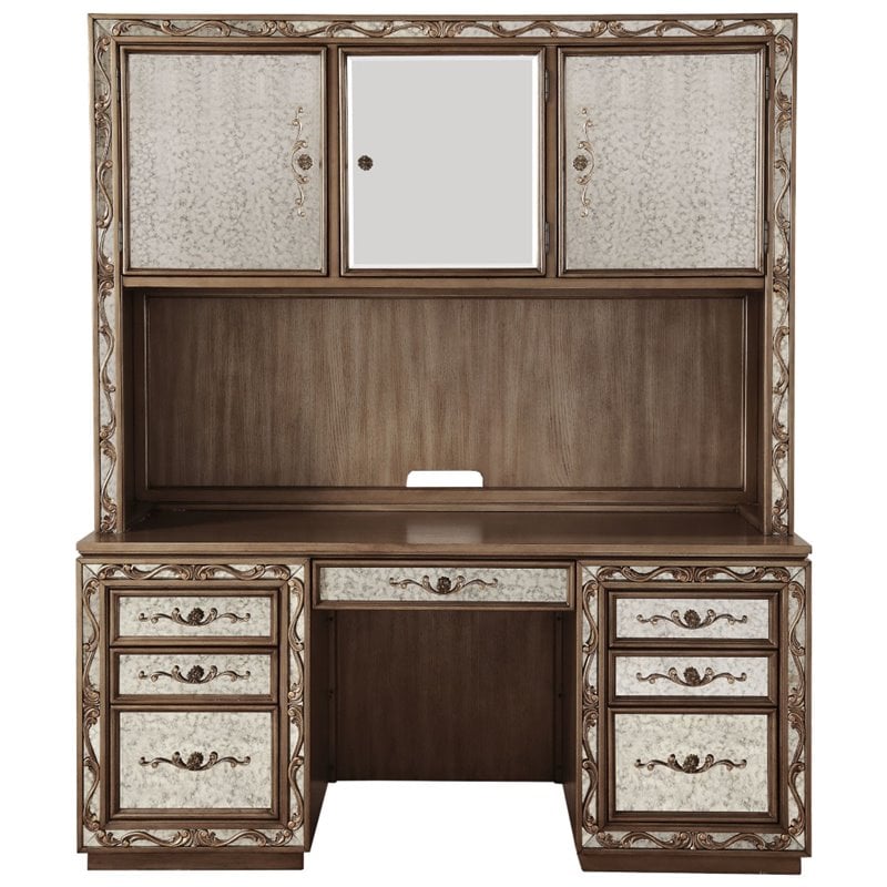 ACME Orianne Wooden 7-Drawer Computer Desk and Hutch in Antique Gold