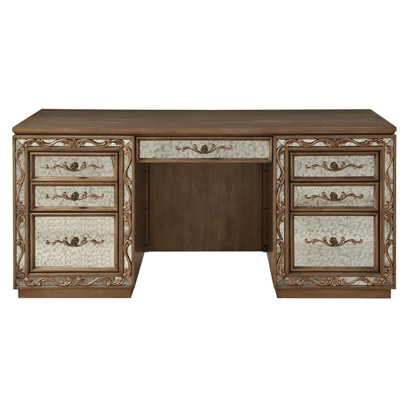 ACME Orianne Wooden 7-Drawer Computer Desk and Hutch in Antique Gold